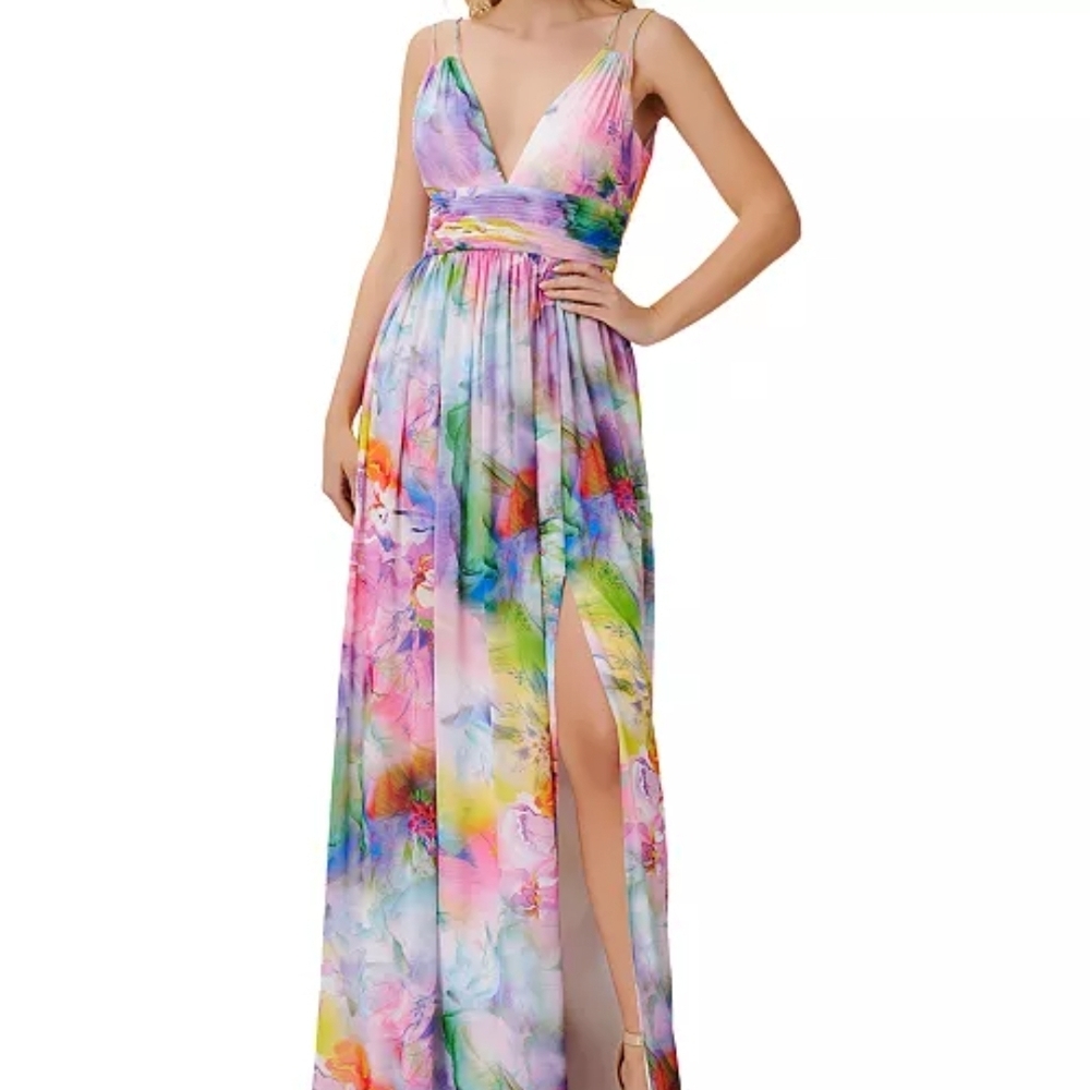 Pink and Yellow Tiered Maxi Dress with Plunge Neckline